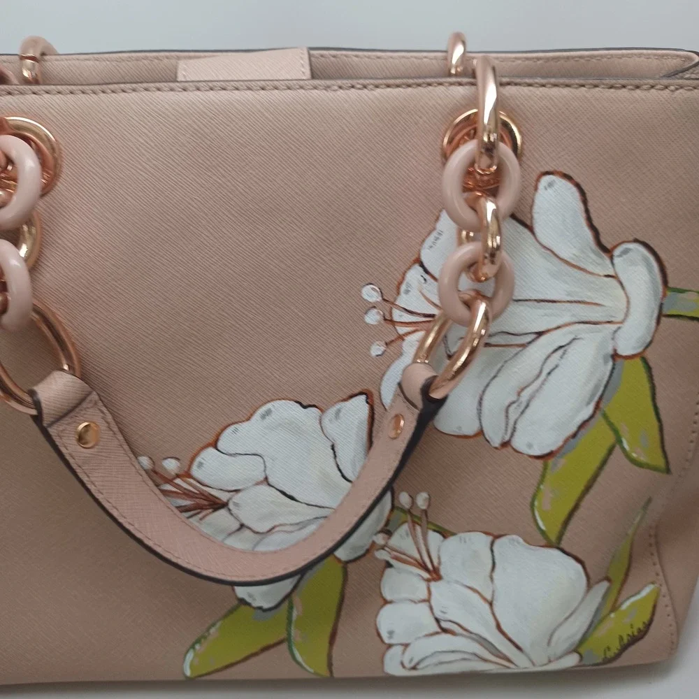 Michael Kors Cynthia Tote Neutral Tan Saffiano Leather Hand Painted Floral Bag